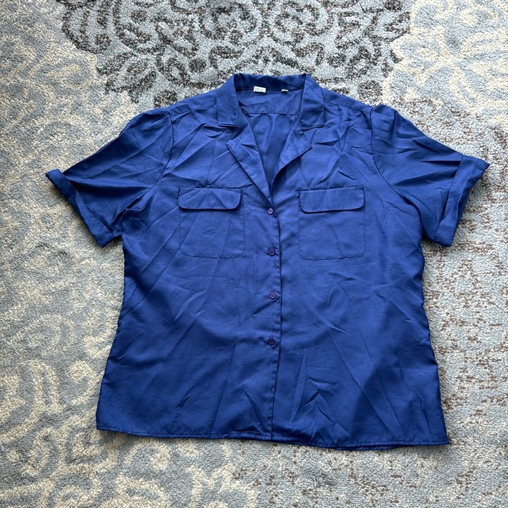 Vintage Button Down Cuffed Sleeve Top Blue 18